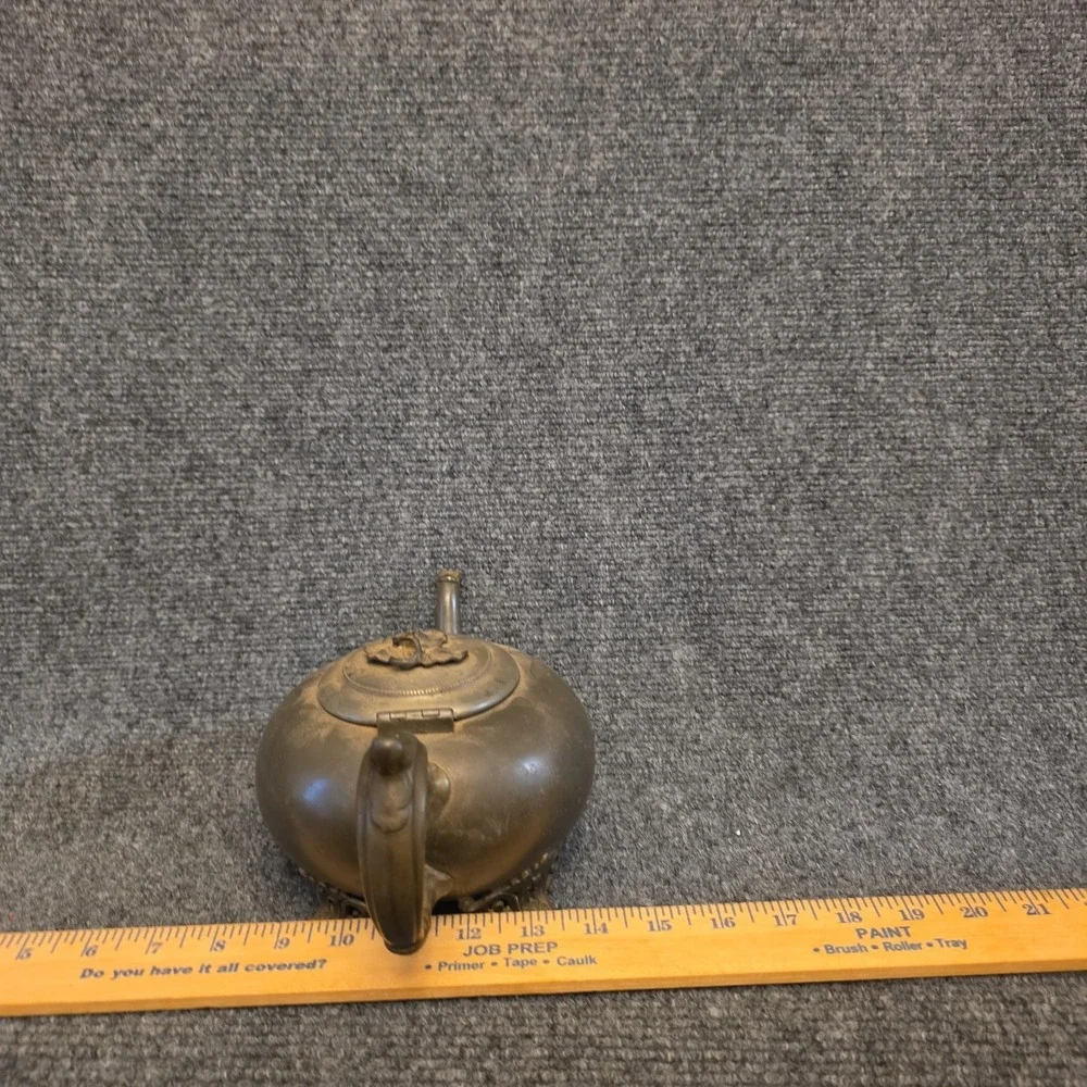 Vintage Metal Teapot Brown‎ Floral Hinged Lid Bamboo Handle Decor Traditional